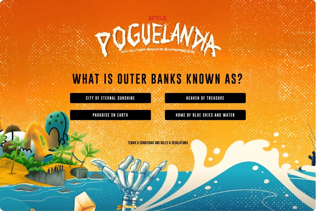 Poguelandia microsite quiz screen asking what Outer Banks is known for